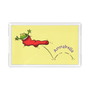 Cute frog in a red sock jumping cartooon acrylic tray