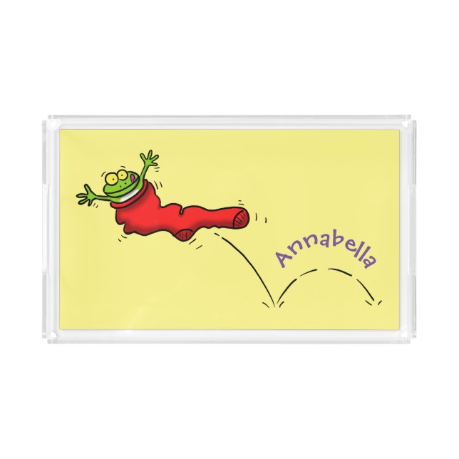 Cute frog in a red sock jumping cartooon acrylic tray (Front)
