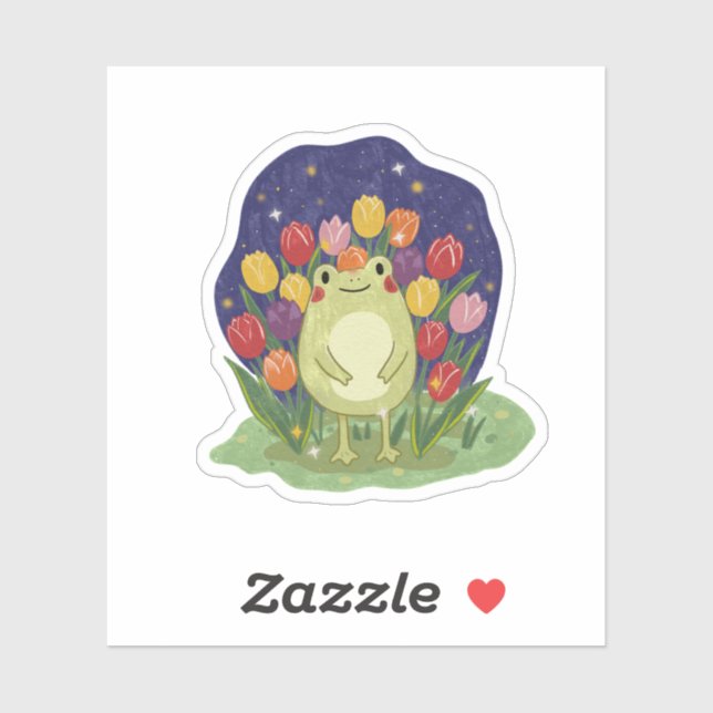 Cute Frog in a Tulip Garden at Night Illustration Sticker (Sheet)