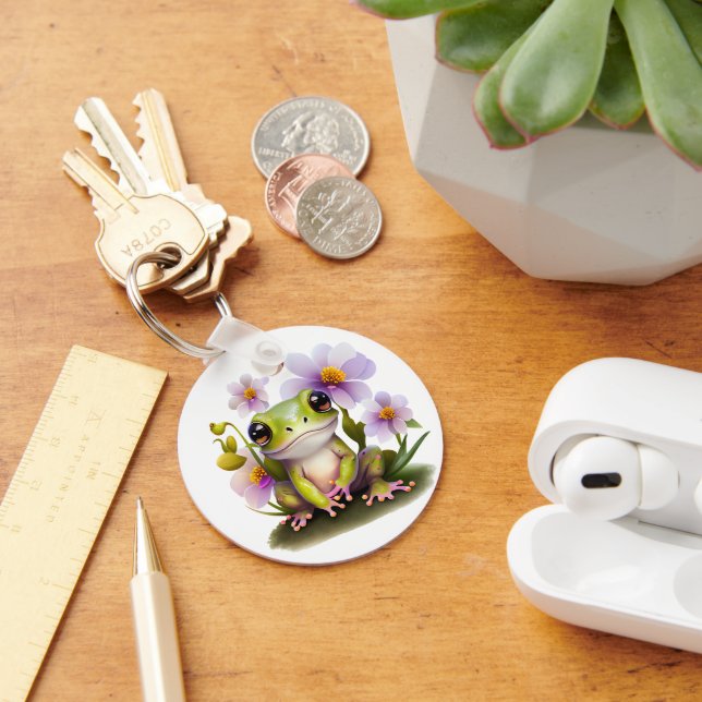 Cute Frog in Flowers, backpack, tag Keychain (Desk)