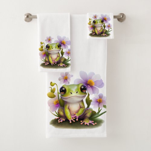 Cute Frog in Flowers Bath Towel Set