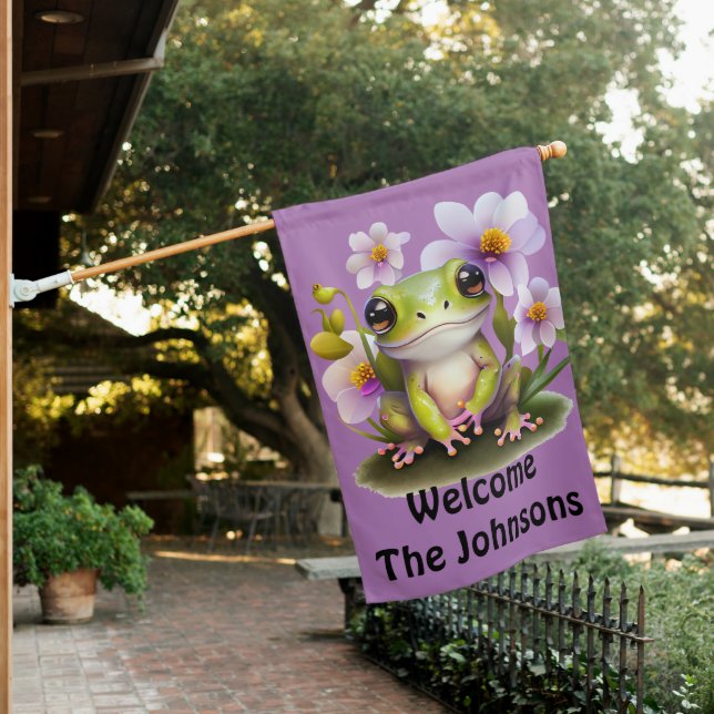 Cute Frog in Flowers House, Cabin House Flag (In SItu)