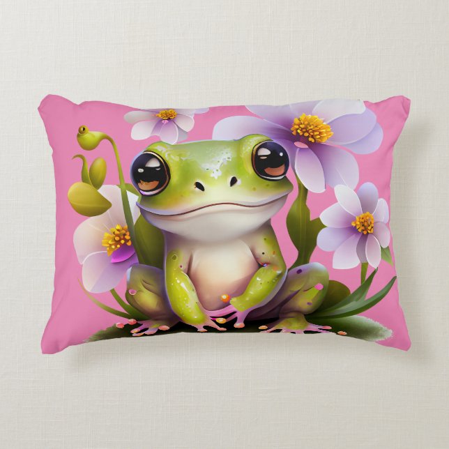 Cute Frog in Flowers Sofa Accent Pillow (Front)