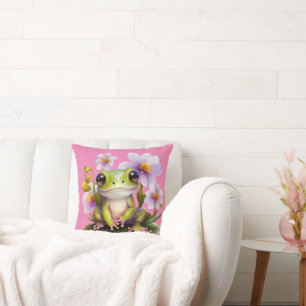 Cute Frog in Flowers Sofa Throw Pillow