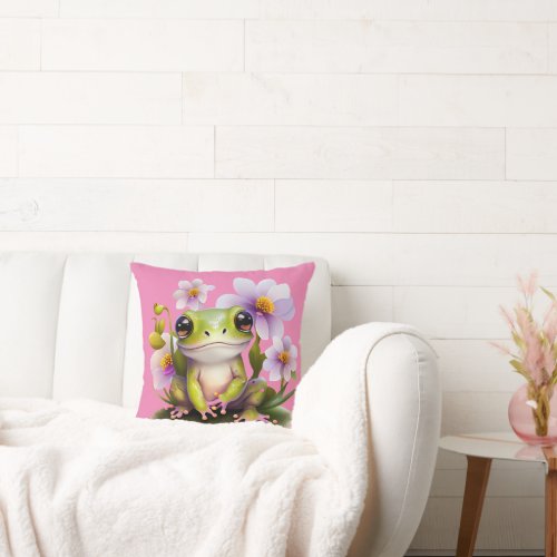 Cute Frog in Flowers Sofa Throw Pillow