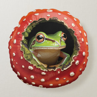 Cute Frog in Mushroom – Whimsical Cottagecore Frog Round Pillow