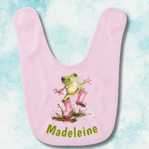 Cute Frog in Pink Rain Boots Monogram Baby Bib