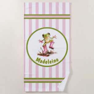 Cute Frog in Pink Rain Boots Monogram Striped Beach Towel