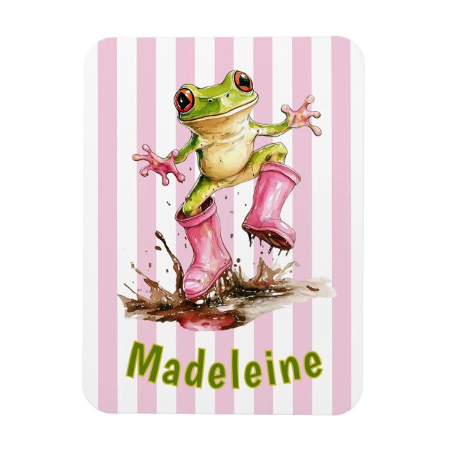 Cute Frog in Pink Rain Boots Monogram Striped Magnet (Vertical)