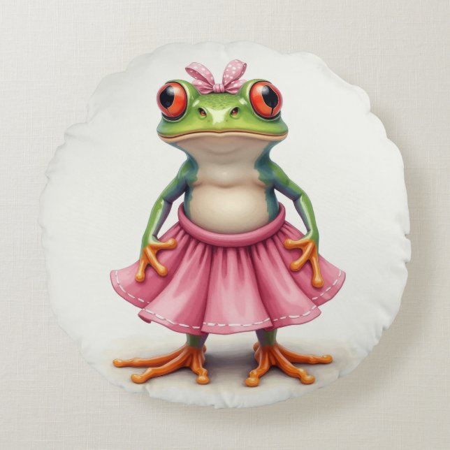 Cute Frog in Pink Round Pillow (Front)