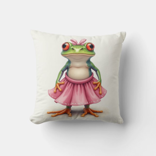 Cute Frog in Pink Throw Pillow (Front)