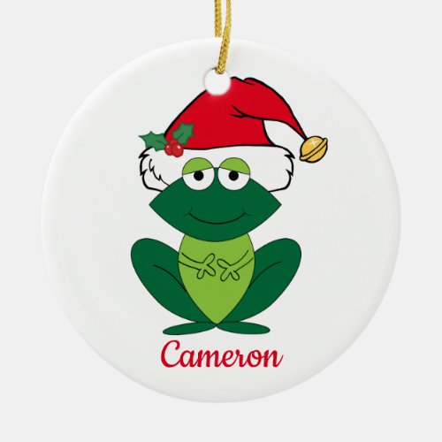 Cute Frog in Santa Hat Custom Kids Christmas Ceramic Ornament