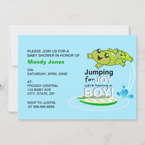 Cute frog jumping for joy Blue Boy Baby Shower Invitation