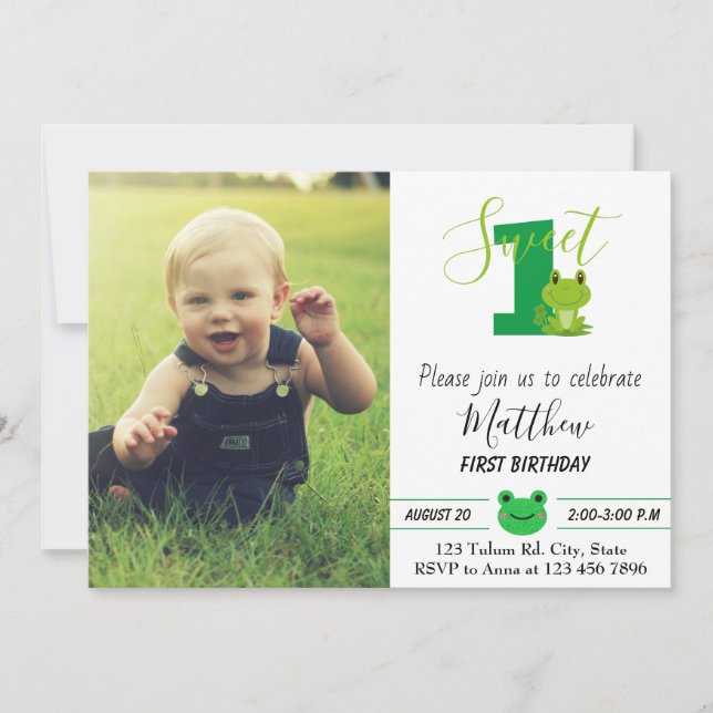 Cute Frog Kid Photo 1st Birthday Party Invitation (Front)