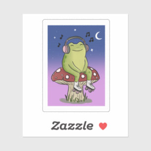 Cute Frog Listening Music On Mushroom Illustration Sticker