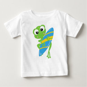 Cute Frog, Little Frog, Green Frog, Surfing Board Baby T-Shirt