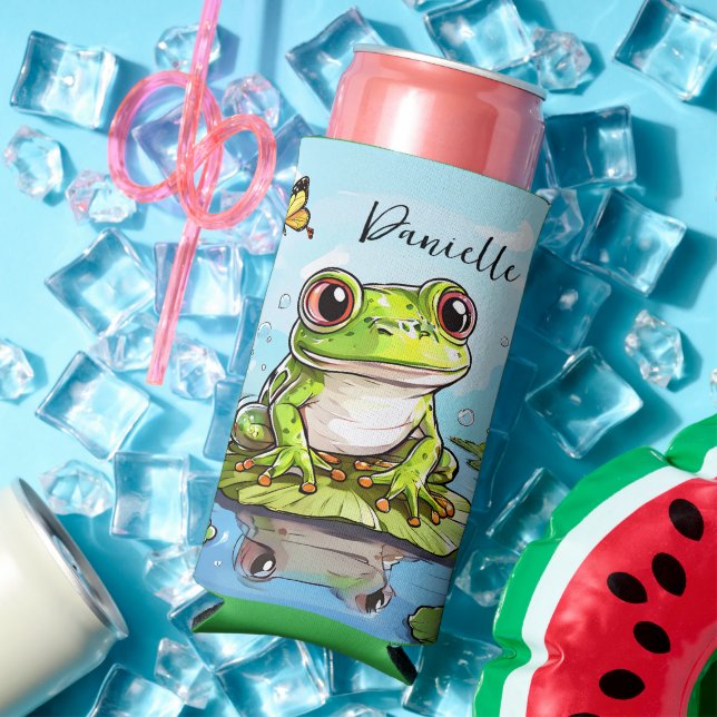 Cute Frog on a Lily Pad Cute Personalized Seltzer Can Cooler (In Situ Summer)