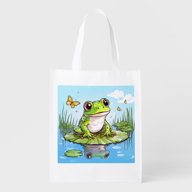 Cute Frog on a Lily Pad Grocery Bag (Front)