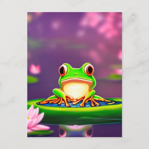 Cute frog on a lily pad japanese cherry blossoms n postcard