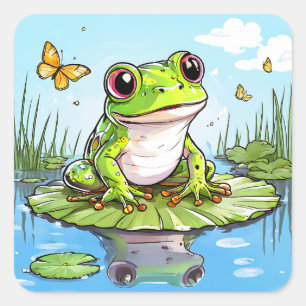 Cute Frog on a Lily Pad Square Sticker