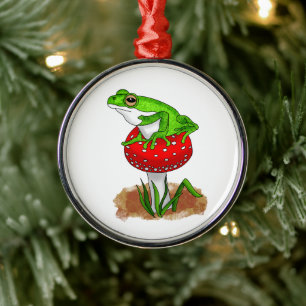 Cute Frog on a Mushroom Christmas Metal Ornament
