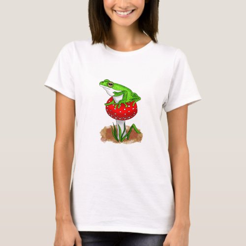 Cute Frog on a Mushroom Whimsical Art T_Shirt