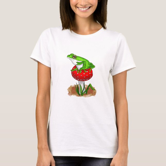 Cute Frog on a Mushroom Whimsical Art T-Shirt (Front)