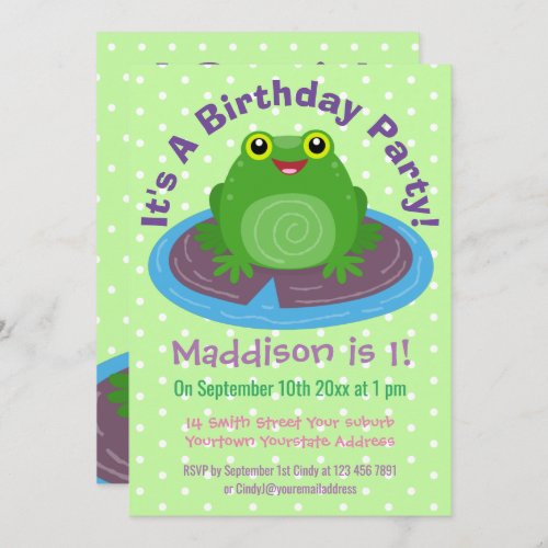 Cute frog on lily pad cartoon illustration invitation