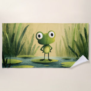 Cute Frog on Lily Pad – Whimsical Cartoon Art Beach Towel