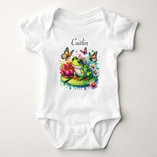 Cute Frog on Lily Pad with Flowers and Butterflies Baby Bodysuit