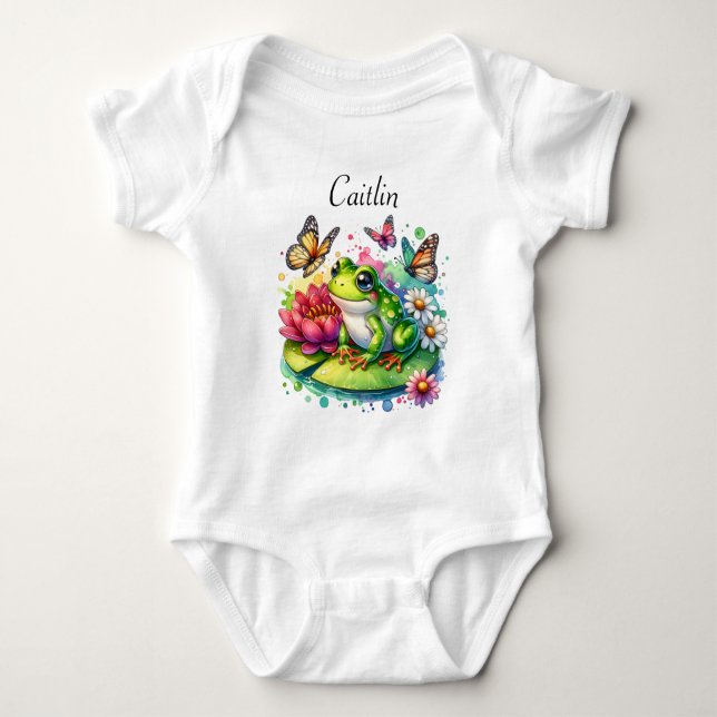 Cute Frog on Lily Pad with Flowers and Butterflies Baby Bodysuit (Front)