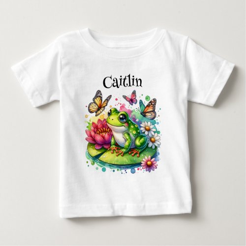 Cute Frog on Lily Pad with Flowers and Butterflies Baby T_Shirt