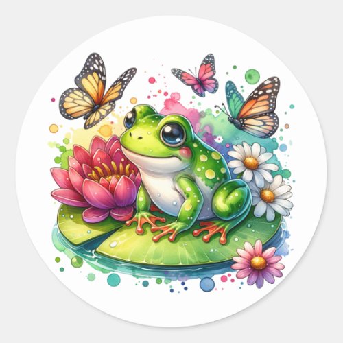 Cute Frog on Lily Pad with Flowers and Butterflies Classic Round Sticker