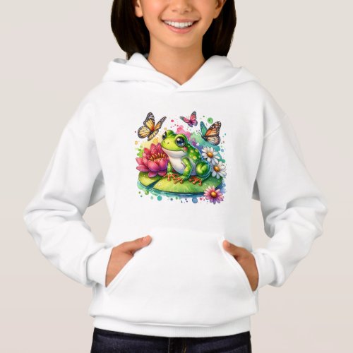 Cute Frog on Lily Pad with Flowers and Butterflies Hoodie