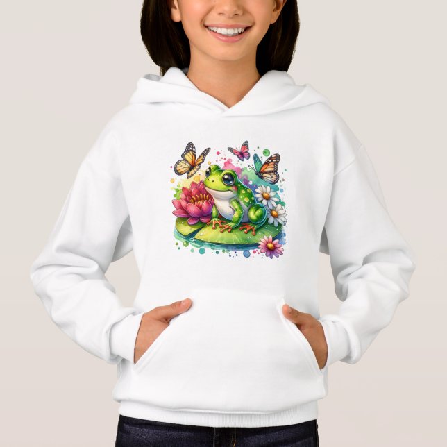 Cute Frog on Lily Pad with Flowers and Butterflies Hoodie (Front)