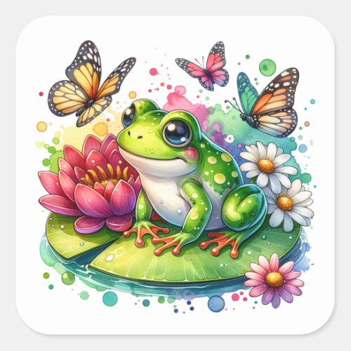 Cute Frog on Lily Pad with Flowers and Butterflies Square Sticker