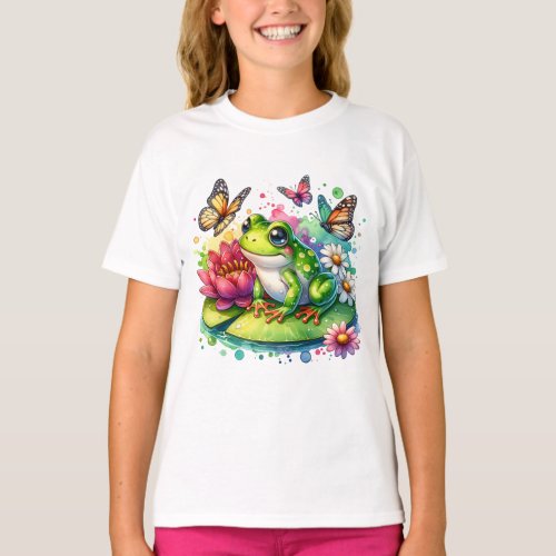 Cute Frog on Lily Pad with Flowers and Butterflies T_Shirt
