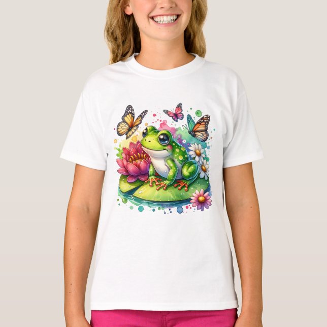 Cute Frog on Lily Pad with Flowers and Butterflies T-Shirt (Front)