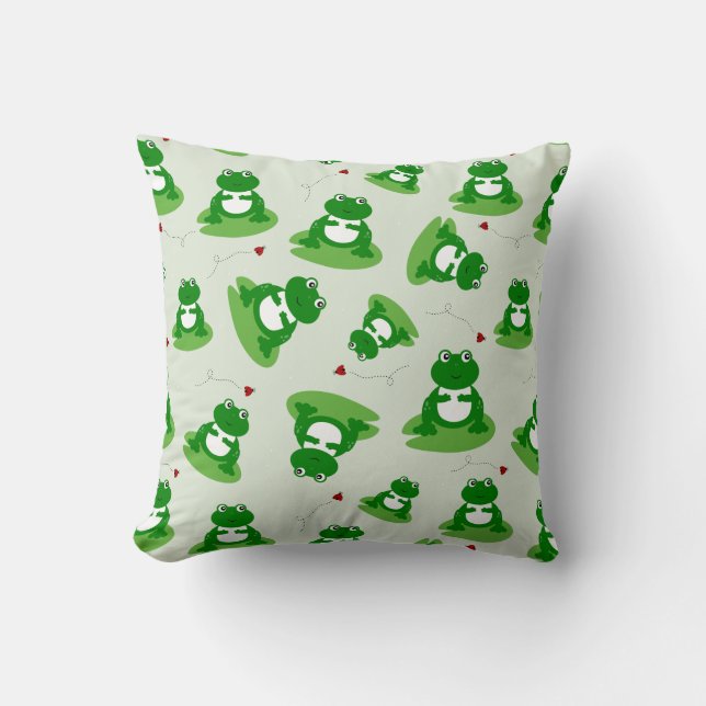 Cute Frog On Lily Pad With Ladybug Pattern Throw Pillow (Front)