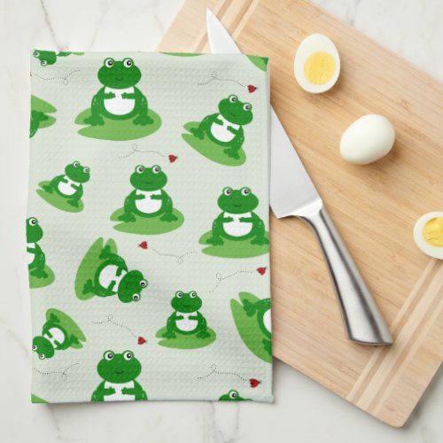 Cute Frog On Lily Pad With Ladybugs Pattern Kitchen Towel