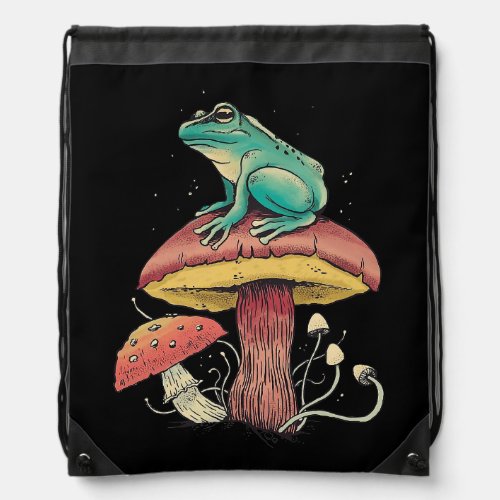 Cute Frog on Mushroom Cute Frog Vintage Mushroom Drawstring Bag