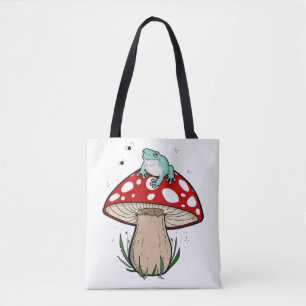 Cute Frog on Mushroom, Cute Frog, Vintage Mushroom Tote Bag