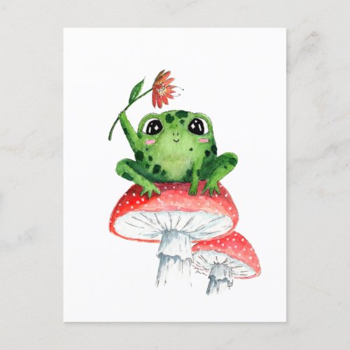 Cute Frog on Mushroom Original Watercolor painting Postcard