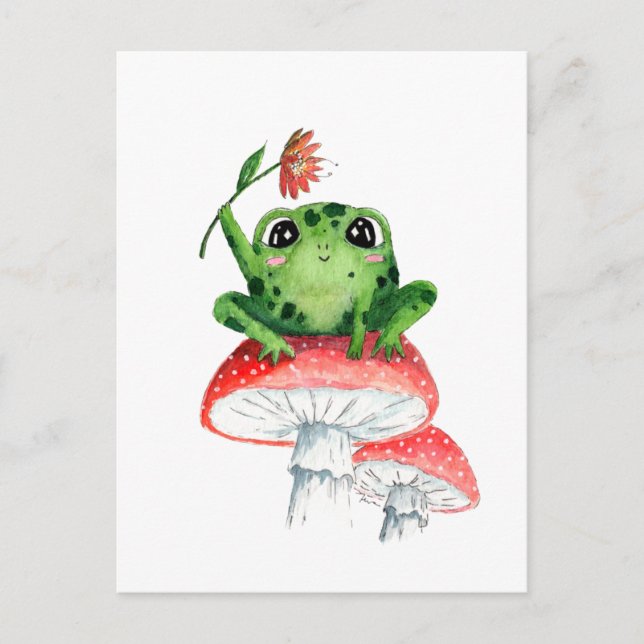 Cute Frog on Mushroom Original Watercolor painting Postcard (Front)