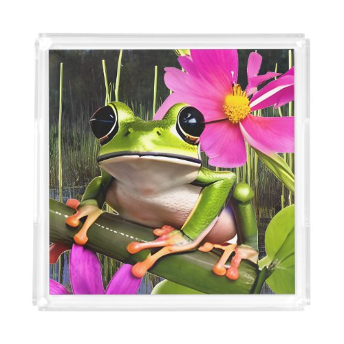 Cute Frog on Pink Flower Branch   Acrylic Tray