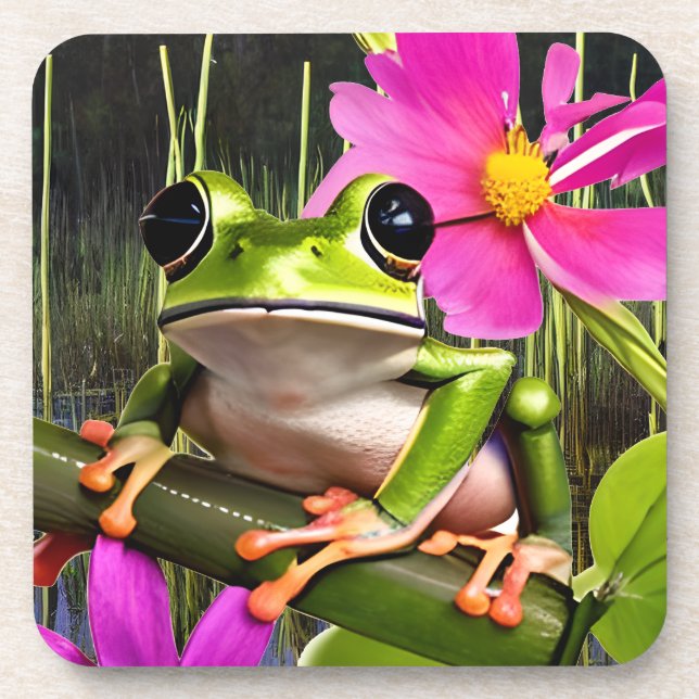 Cute Frog on Pink Flower Branch   Beverage Coaster (Front)