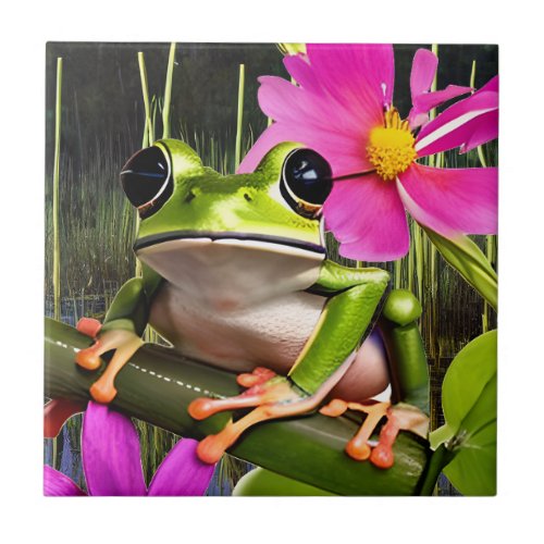 Cute Frog on Pink Flower Branch   Ceramic Tile