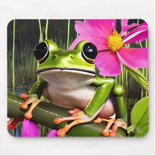 Cute Frog on Pink Flower Branch   Mouse Pad