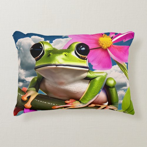 Cute Frog on Pink Flower Branch with Clouds Accent Pillow