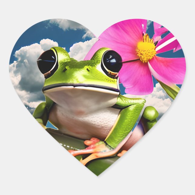 Cute Frog on Pink Flower Branch with Clouds Heart Sticker (Front)